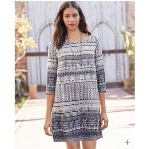 Garnet Hill Sz 6 Essential Three Quarter Sleeve Linen‎ Dress Blue Ikat Pocket